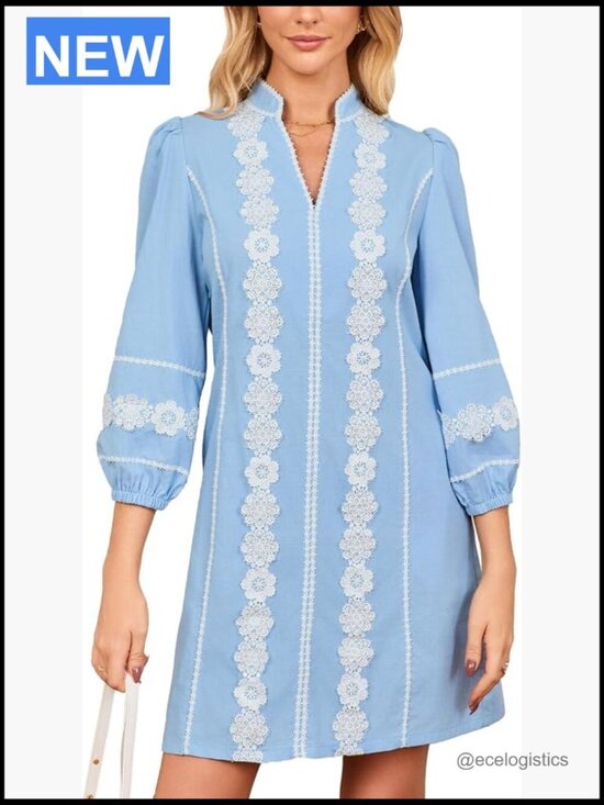Dresses & Skirts - Embroidered Lace Floral Tunic Dress V-Neck 3/4 Puff Sleeve Mini Dress with